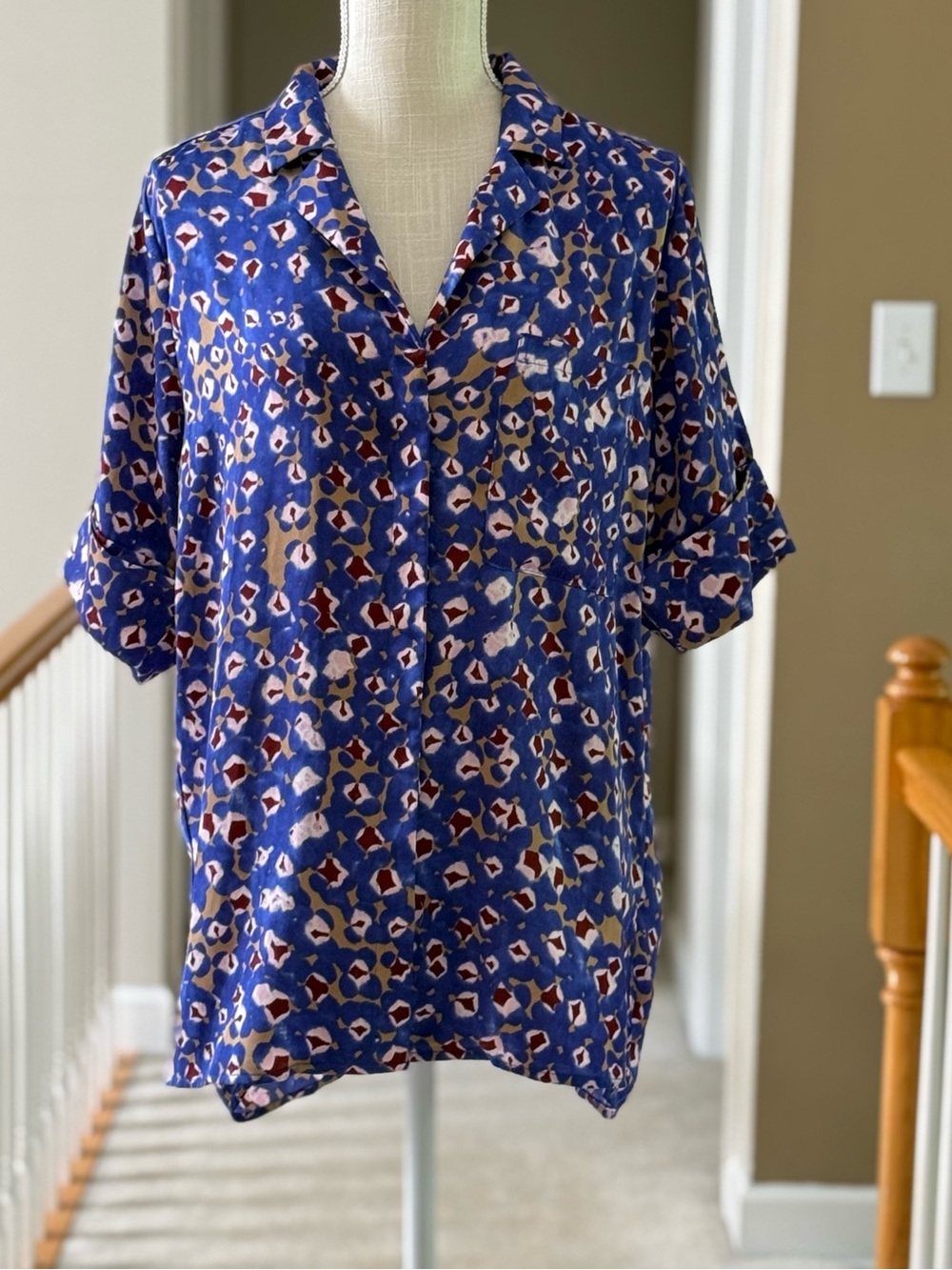 Open Edit Satin Camp Shirt Blue Printed Short-Sleeve Collared Blouse
